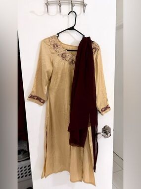 Real Silk Beige and Maroon Salwar Suit